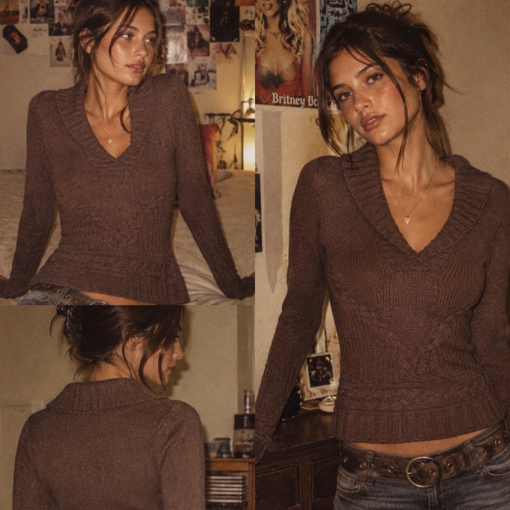 Vintage Y2K Old Navy Brown Cable Knit Tunic Sweater Shawl Collar - XS